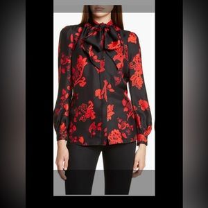 Tory Burch Red Floral Silk Tie-Neck Button Up Blues